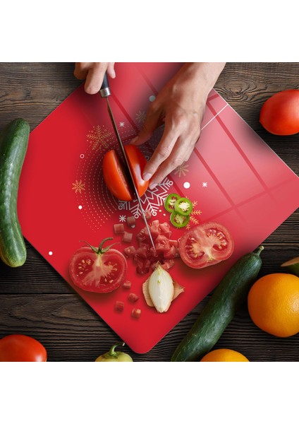 Cam Kesme Tahtası ve Sunumluk Kare Kırmızı Kar Tanesi Desenli 30X30 cm fırsatları