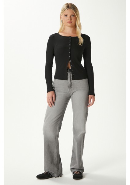 Young Cool Düğmeli Uzun Kollu Siyah Bluz