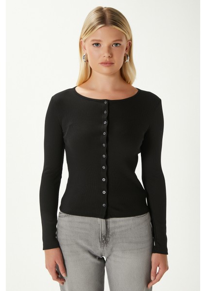 Young Cool Düğmeli Uzun Kollu Siyah Bluz fırsatları