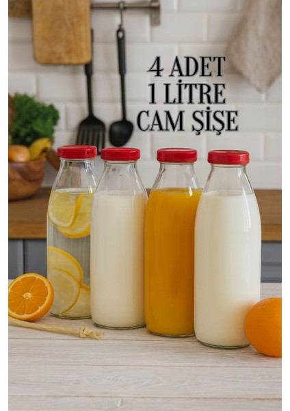 4 Adet 1 Litre Şeffaf Sürahi Süt, Ayran, Su, Limonata, Meşrubat Şişesi Plastik Kapaklı Cam Şişe