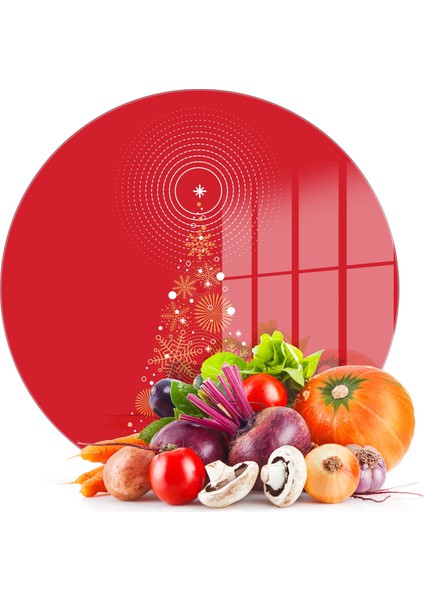 Cam Kesme Tahtası ve Sunumluk Yuvarlak Kırmızı Yılbaşı Ağacı Desenli 30X30 cm