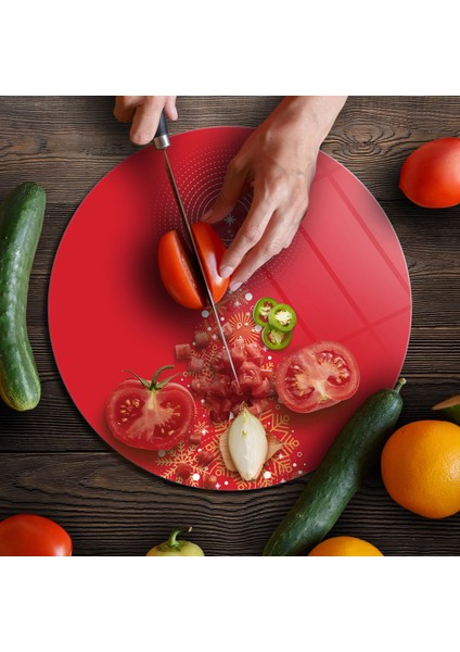 Cam Kesme Tahtası ve Sunumluk Yuvarlak Kırmızı Yılbaşı Ağacı Desenli 30X30 cm fırsatları