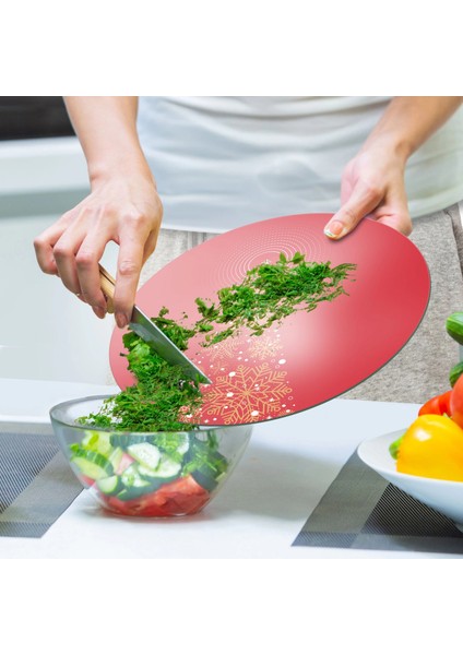 Cam Kesme Tahtası ve Sunumluk Yuvarlak Kırmızı Yılbaşı Ağacı Desenli 30X30 cm indirimleri