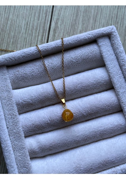 Amorf Kehribar Taşı Çelik Kolye El Yapımı