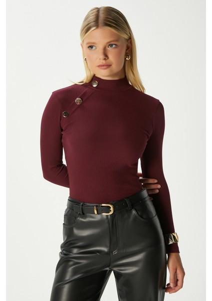 Kadın Gloria Gold Düğmeli Uzun Kollu Bordo Fitilli Pamuk Bluz