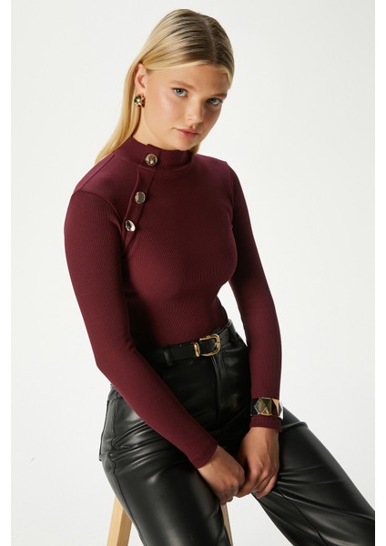 Kadın Gloria Gold Düğmeli Uzun Kollu Bordo Fitilli Pamuk Bluz fiyatları