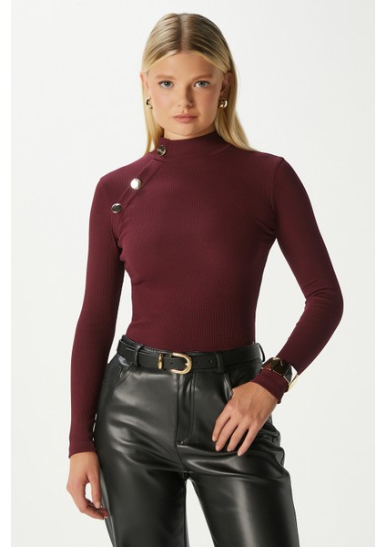 Kadın Gloria Gold Düğmeli Uzun Kollu Bordo Fitilli Pamuk Bluz modelleri