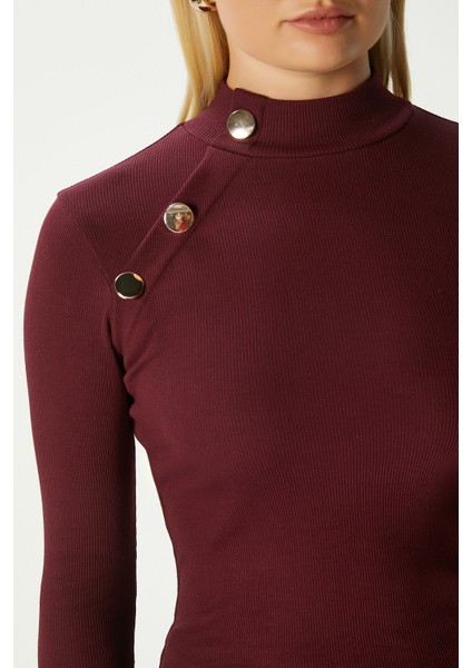 Kadın Gloria Gold Düğmeli Uzun Kollu Bordo Fitilli Pamuk Bluz fırsatları