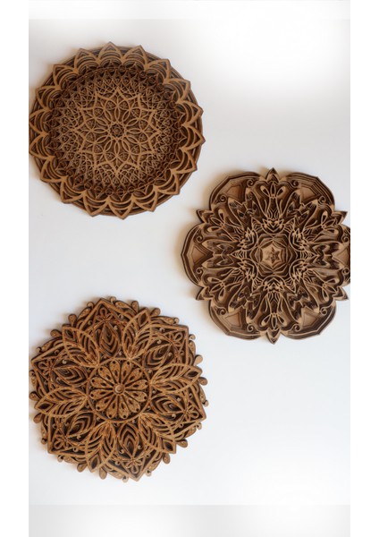 Duvar Dekoru Bohem 3'lü Mandala Koleksiyonu Ham Ahşap Katmanlı Ev Dekoru