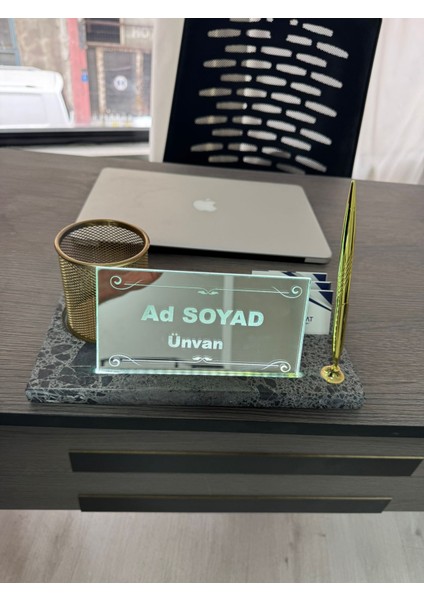 Mermer Desenli Ayna Masa Isimli-Kalemlik ve Kartvizitlikli Kişiye Özel Ofis Seti