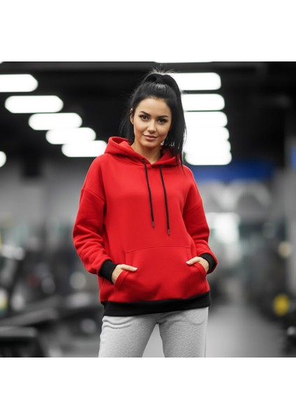 Woody Cord Kadın Oversize Sweatshirt / Kırmızı Siyah / Düz / Siyah Ip