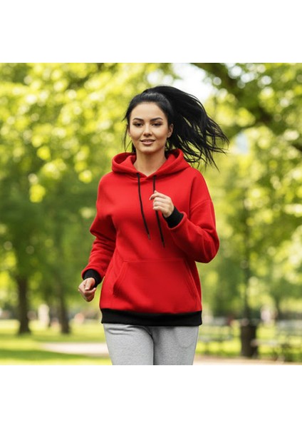 Woody Cord Kadın Oversize Sweatshirt / Kırmızı Siyah / Düz / Siyah Ip fiyatları