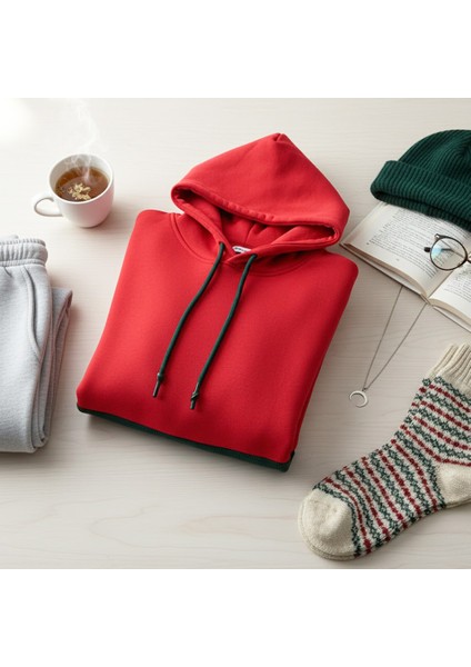 Woody Cord Kadın Oversize Sweatshirt / Kırmızı Siyah / Düz / Siyah Ip fırsatları