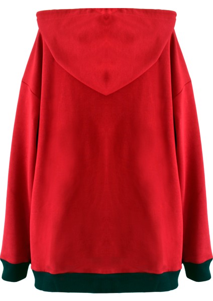 Woody Cord Kadın Oversize Sweatshirt / Kırmızı Siyah / Düz / Siyah Ip
