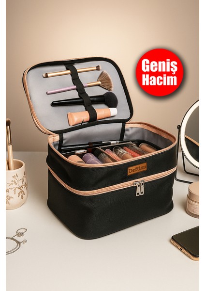 Makyaj Organizer Katlanır Çanta Tarzı Çift Katlı Kapaklı Geniş Hacimli Düzenleyici Kozmetik Organizeri