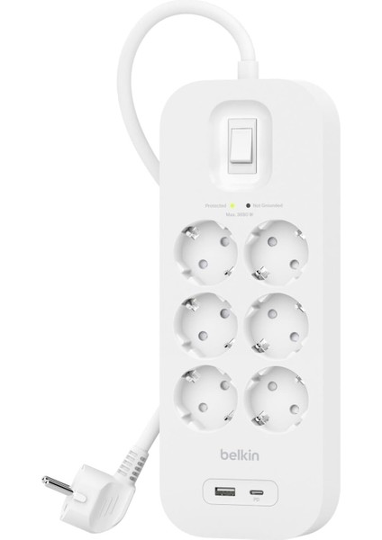 6'lı Çoklu Priz, Yüksek Gerilim Korumalı, Duvara Montaj, 6 Priz, 2 M Güç Kablosu, Yeşil Işıklı Gösterge, Hızlı Şarj Için Usb-C ve Usb-A Bağlantısı; 650 Jul Koruma