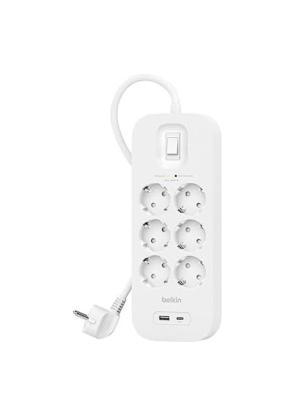6'lı Çoklu Priz, Yüksek Gerilim Korumalı, Duvara Montaj, 6 Priz, 2 M Güç Kablosu, Yeşil Işıklı Gösterge, Hızlı Şarj Için Usb-C ve Usb-A Bağlantısı; 650 Jul Koruma modelleri