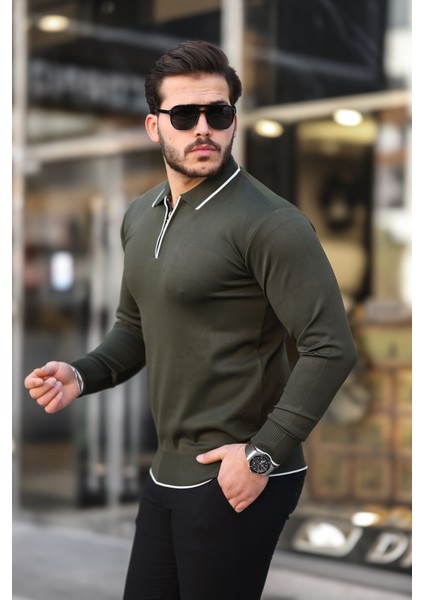 Fermuar Yaka Çizgi Detaylı Erkek Kazak modelleri