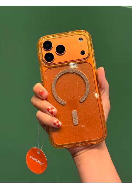 iPhone 17 Pro Max Uyumlu Simli Transparan Turuncu Saydam Arkası Sert Darbe Korumalı Magsafe Kılıf modelleri