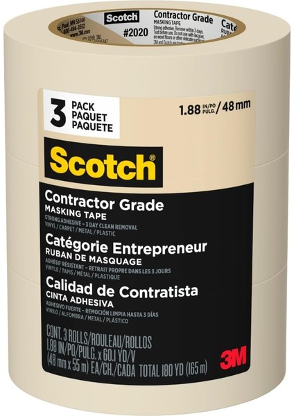 Müteahhit Sınıfı Maskeleme Bandı, Tan, Genel Kullanım Için, Çok Yüzeyli Yapışkan, 1.88 Inç x 60.1 Yards, 3 Rulo