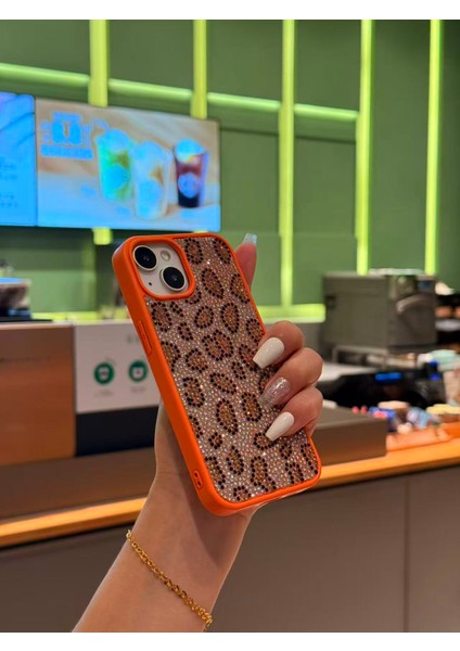 iPhone 13 - 14 - 15 Uyumlu Kılıf Içi Kadife Leopar Tasarımlı Turuncu Taşlı Işıltılı Pırlanta Silikon fiyatları