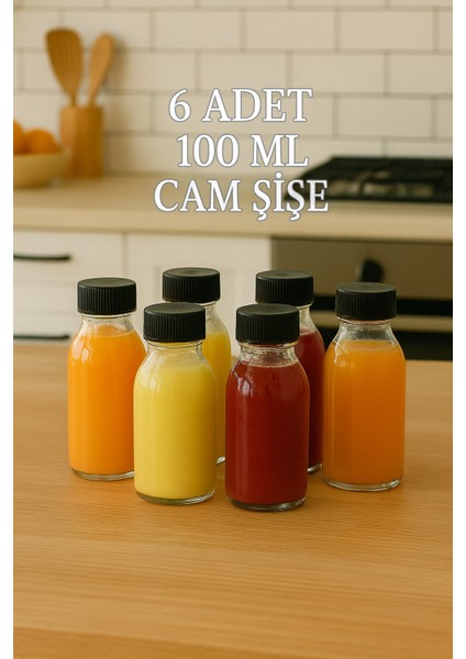 6 Adet 100 ml Kilitli Siyah Kapaklı Şeffaf Detox Shot Şişesi 100 cc Ginger Şat Beyaz Cam Şişe