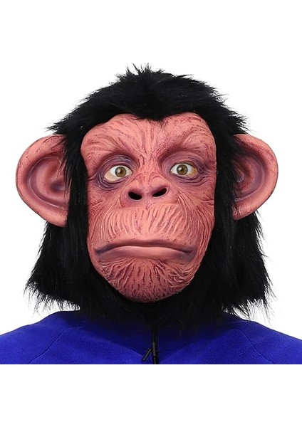Zengezur Siyah Saçlı Kafaya Tam Geçmeli Lateks Şempanze Maskesi - Lateks Maymun Orangutan Goril Maske Et Maske