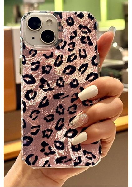 iPhone 11 Kılıf Hologramlı Pembe Leopar Desenli Darbe Emici Kamera Korumalı Silikon