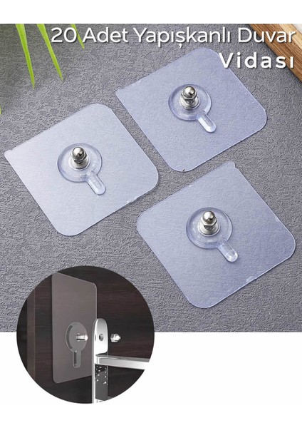 Matkap Delme Yok ! 20 Adet Güçlü Yapışkanlı Duvar Vidası - Elbise Çervece Askısı Duvar Kancası Çivi