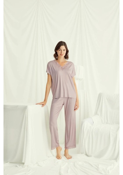 Monamise Kısa Kollu V Yakalı Dantelli Pijama Takımı modelleri