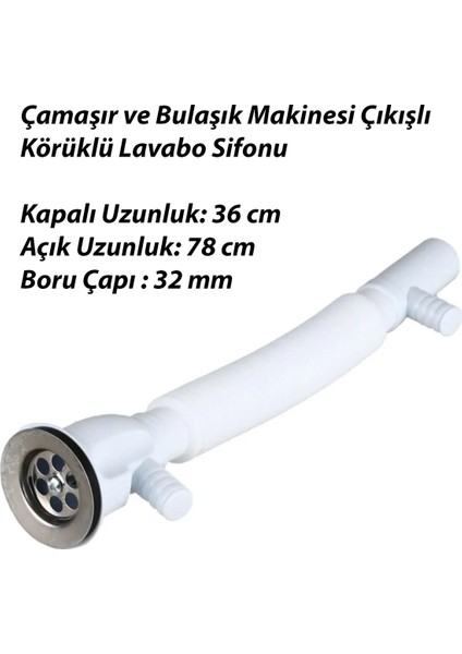Körüklü Lavabo Sifonu Çamaşır ve Bulaşık Makenise Çıkışlı- 75 cm Gider Borusu Tr