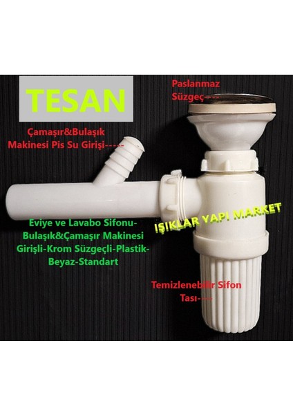 Eviye ve Lavabo Sifonu-Bulaşık&çamaşır Makinesi Girişli-Krom Süzgeçli-Plastik-Beyaz-Standart Lavabo