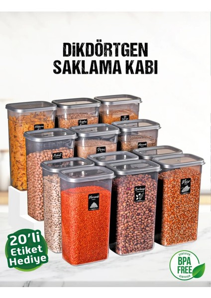 12 Adet 24 Parça 3,2 Litre Mega Boy Dikdörtgen Erzak Bakliyat Saklama Kabı 20 Etiket Hediyeli