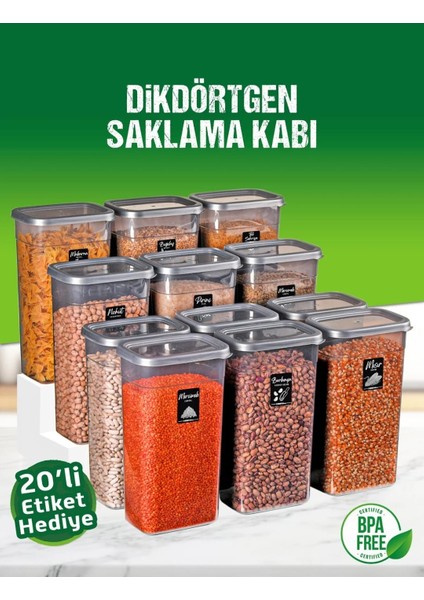 12 Adet 24 Parça 3,2 Litre Mega Boy Dikdörtgen Erzak Bakliyat Saklama Kabı 20 Etiket Hediyeli fiyatları