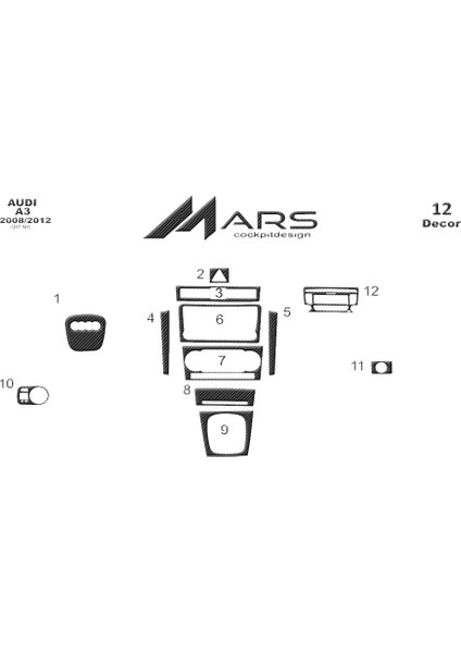Audi A3 Konsol-Torpido Kaplama 2008-2012 12 Parça Karbon