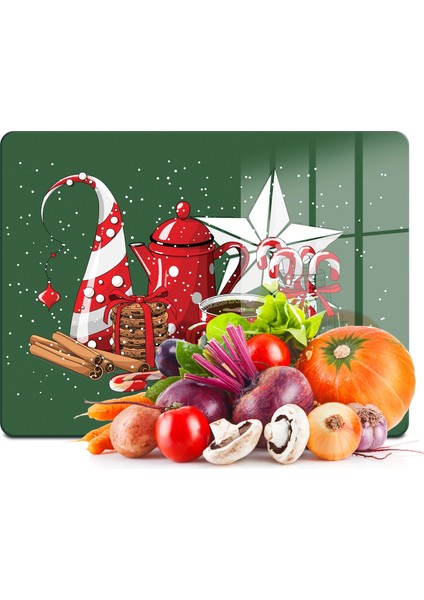 Cam Kesme Tahtası ve Sunumluk Giorno Yeşil Yılbaşı Kar Desenli 20X30 cm