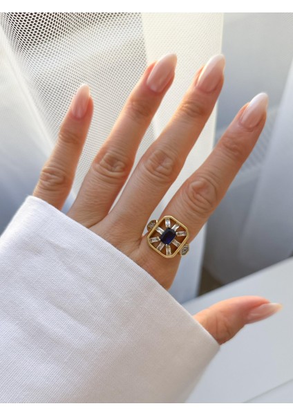 Çelik Mavi Taşlı Yüzük