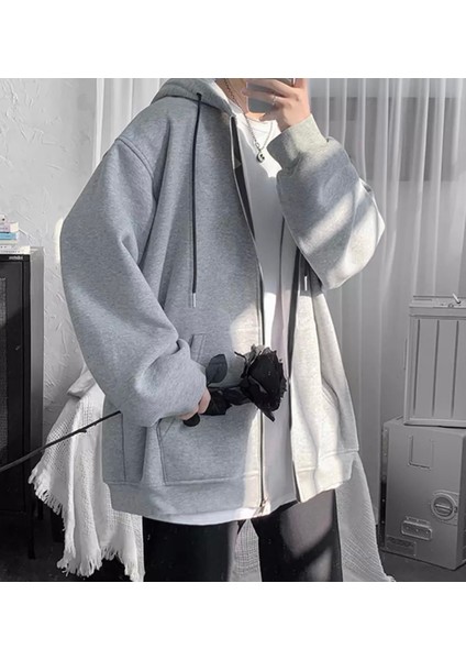 Punıx Büyük Beden Rahat Kalıp Fermuarlı Kapüşonlu Düz Baskısız 3 Iplik Kalın Kışlık Sweatshırt