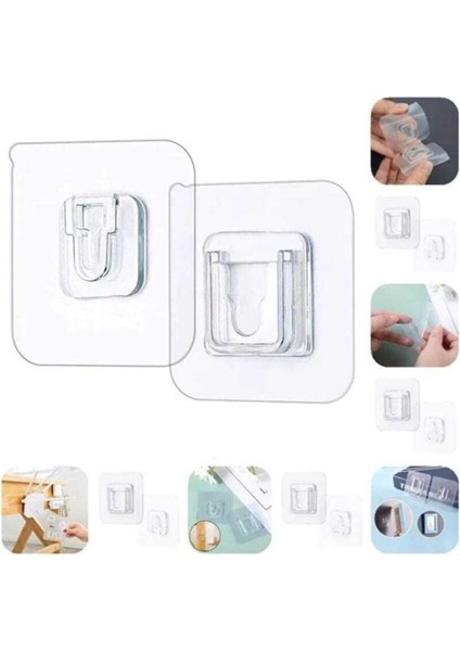 4 Lü Set Çift Taraflı Yapışkanlı Geçmeli Klips Eşya Sabitleme Askısı Çerçeve Şeffaf Duvar Kancası Şe