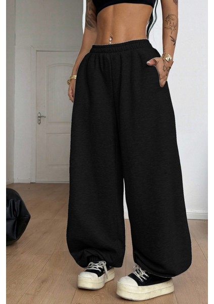 Erkek Kadın Baggy Bol Kesim Eşofman Altı Jogger Paça Siyah Gri Füme Oversize