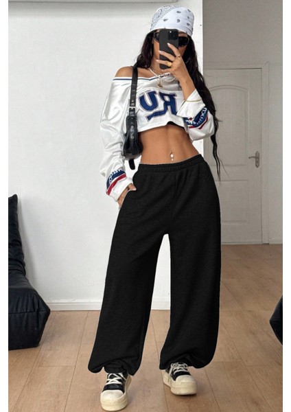 Erkek Kadın Baggy Bol Kesim Eşofman Altı Jogger Paça Siyah Gri Füme Oversize