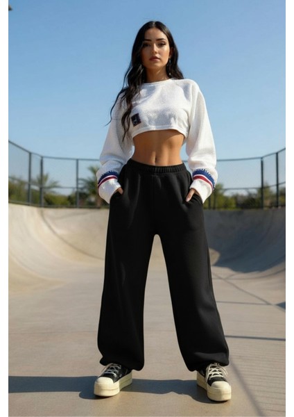 Erkek Kadın Baggy Bol Kesim Eşofman Altı Jogger Paça Siyah Gri Füme Oversize