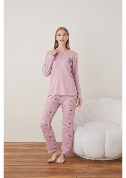Kadın Pamuk'lu Düğme Yaka Raporlu Interlok Kışlık Pijama Takımı 05011 - 1 Adet