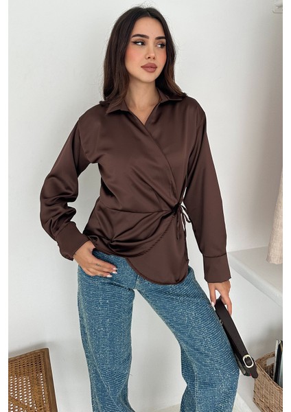Kadın Saten Yan Bağlamalı Kruvaze Gömlek – Akışkan & Şehirli Stil