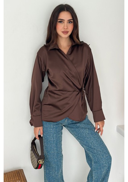 Kadın Saten Yan Bağlamalı Kruvaze Gömlek – Akışkan & Şehirli Stil modelleri