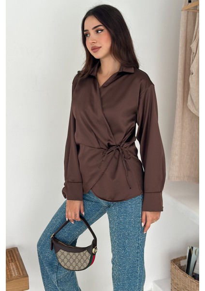 Kadın Saten Yan Bağlamalı Kruvaze Gömlek – Akışkan & Şehirli Stil fırsatları
