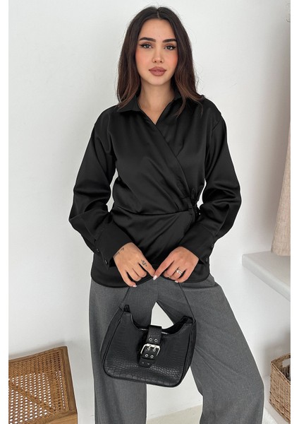 Kadın Saten Yan Bağlamalı Kruvaze Gömlek – Akışkan & Şehirli Stil