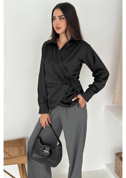 Kadın Saten Yan Bağlamalı Kruvaze Gömlek – Akışkan & Şehirli Stil fiyatları