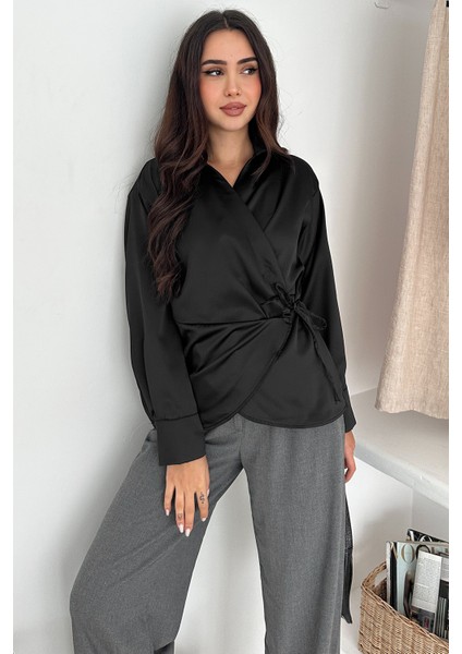Kadın Saten Yan Bağlamalı Kruvaze Gömlek – Akışkan & Şehirli Stil modelleri