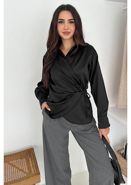 Kadın Saten Yan Bağlamalı Kruvaze Gömlek – Akışkan & Şehirli Stil fırsatları